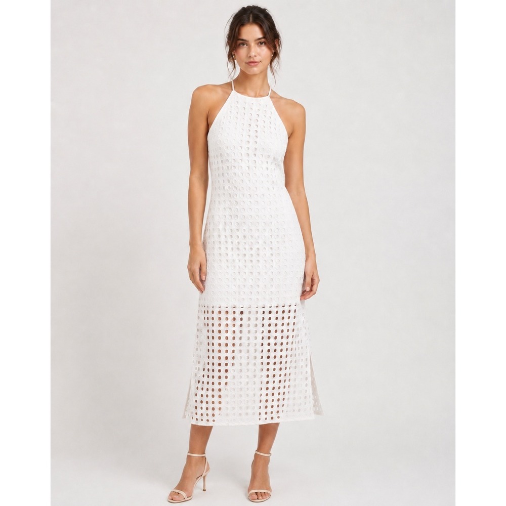 Vineet Bahl White Eyelet Halter Maxi Dress Womens Large Geometric Boho Beach
